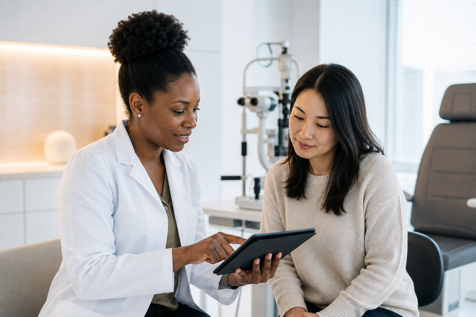 Black clinician consulting with an Asian patient in an eye clinic
